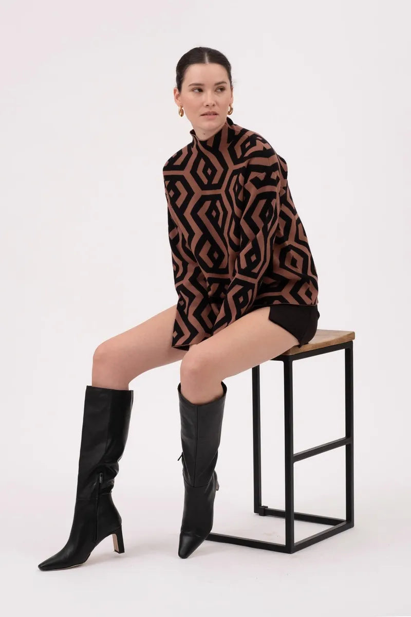 Geo Pattern Turtleneck Knit Pullover Sweater