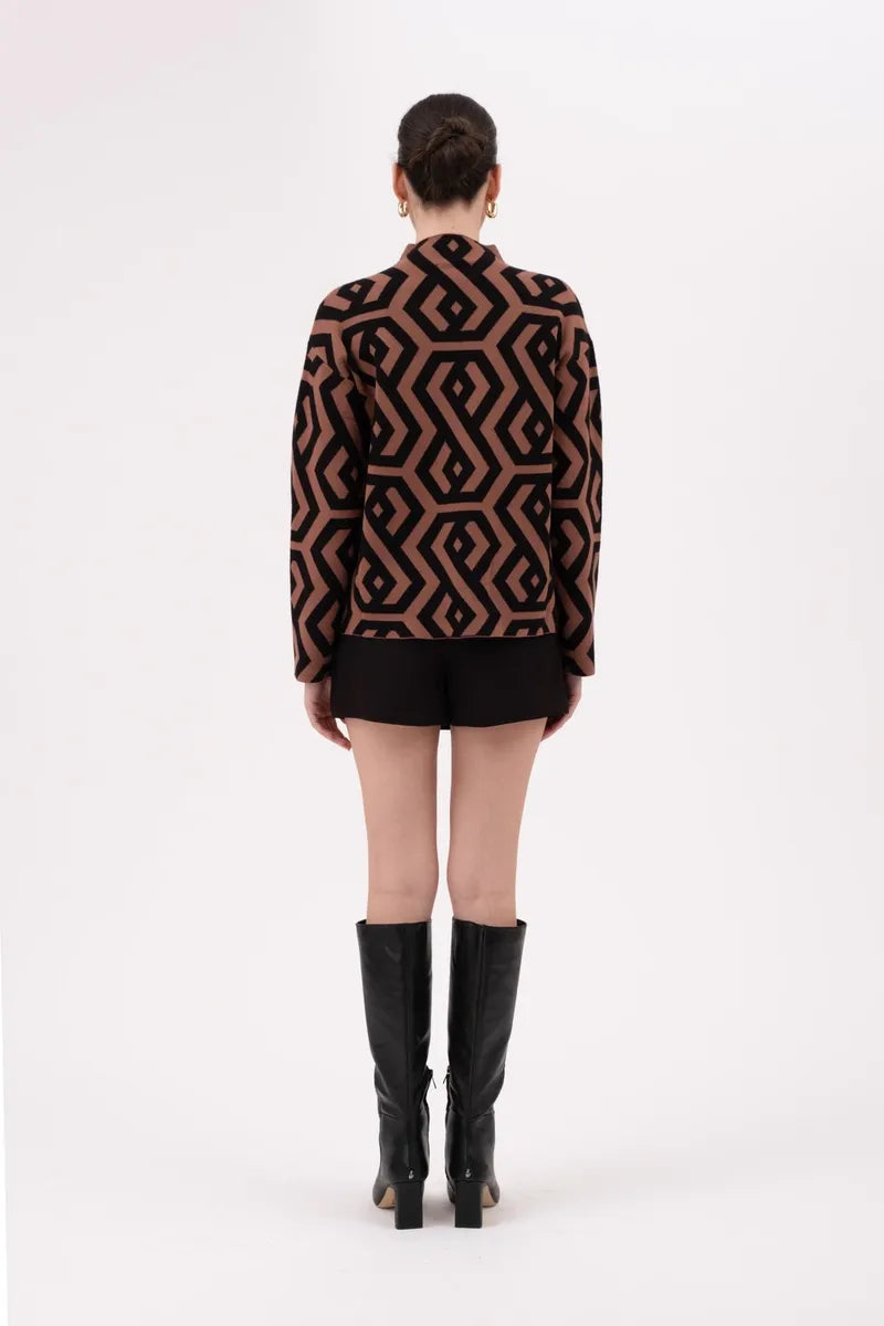 Geo Pattern Turtleneck Knit Pullover Sweater
