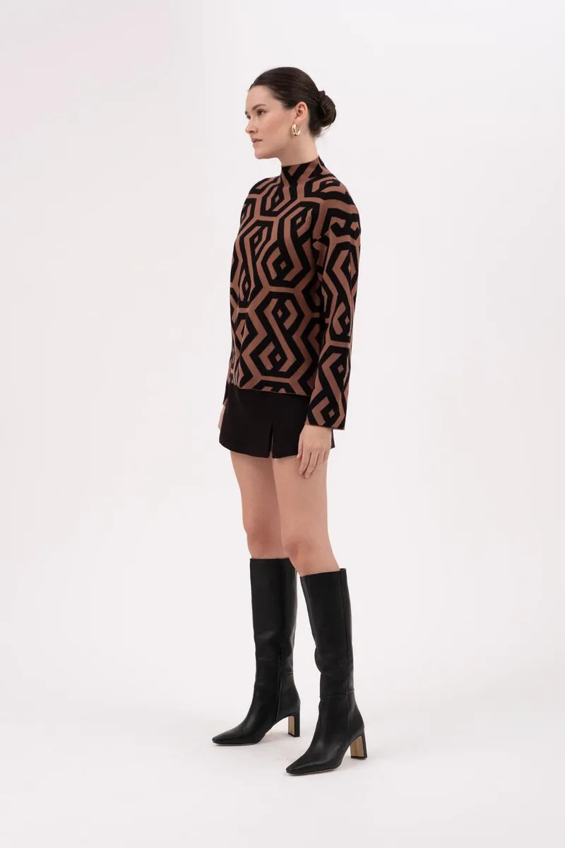 Geo Pattern Turtleneck Knit Pullover Sweater