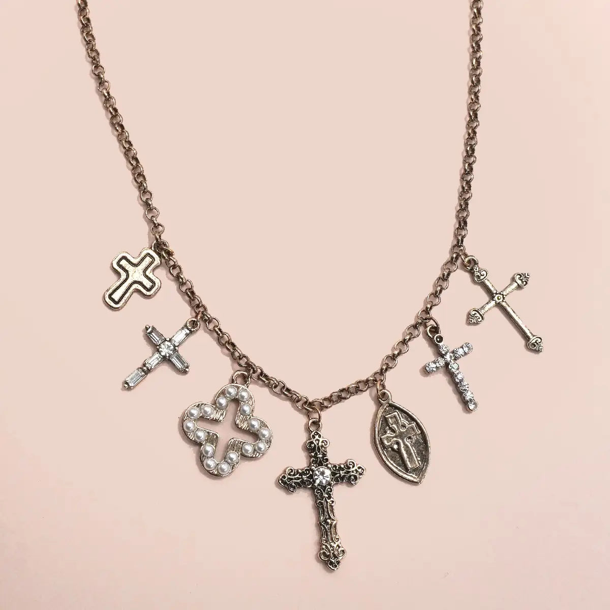 Charm Necklace-Burnish Gold Cross Charms