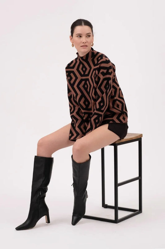 Geo Pattern Turtleneck Knit Pullover Sweater