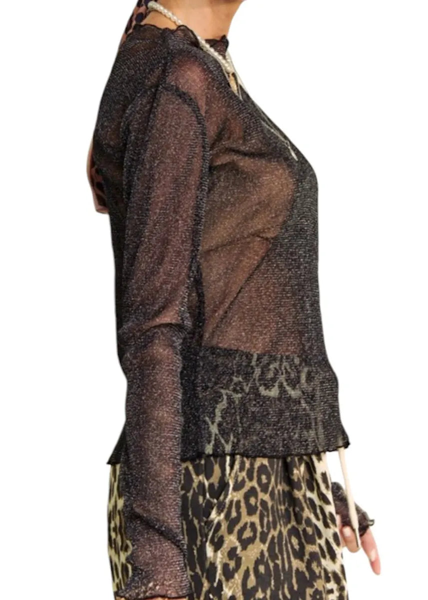 Mesh Black Glitter Mock Neck