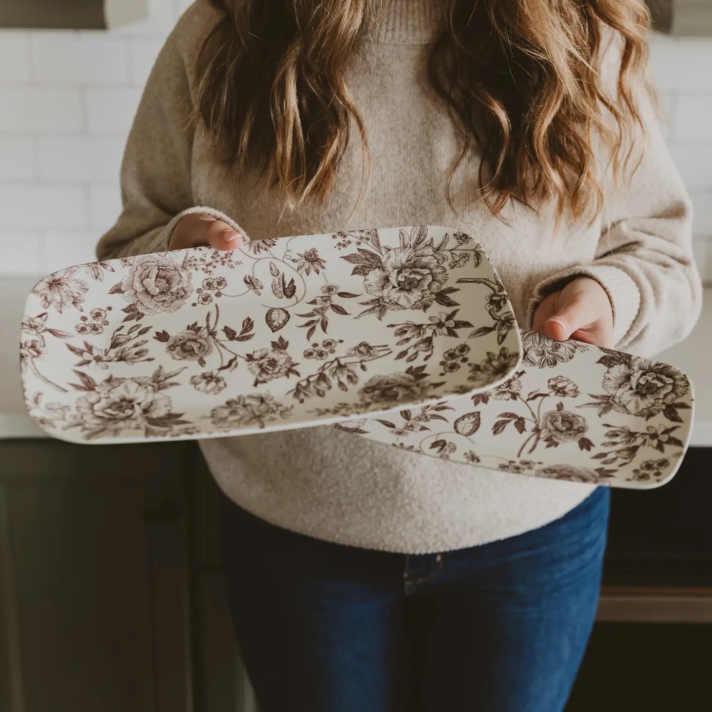 Brown Delft Stackable Melamine Serving Platters