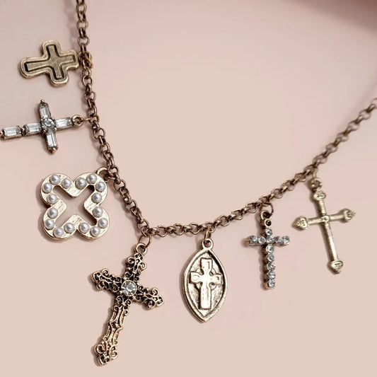 Charm Necklace-Burnish Gold Cross Charms