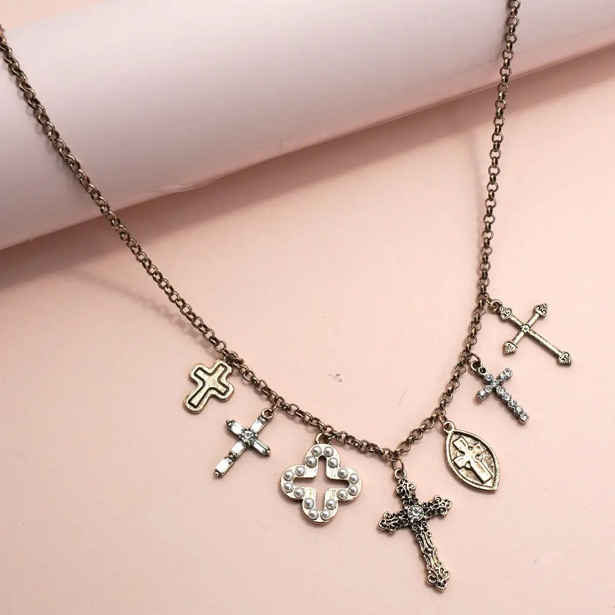 Charm Necklace-Burnish Gold Cross Charms